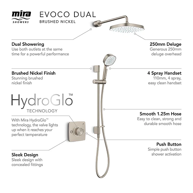 Mira Sh Mira Evoco Dual Outlet Brushed Nickel Thermostatic Mixer Shower 3 Mira Sh Mira Evoco Dual Outlet Brushed Nickel Thermostatic Mixer Shower