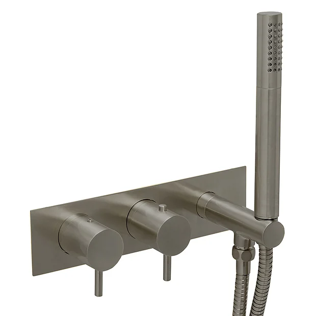 Just Taps Plu JTP Vos Brushed Black Twin Outlet Thermostatic Shower Valve With Handset 3 Just Taps Plu JTP Vos Brushed Black Twin Outlet Thermostatic Shower Valve With Handset