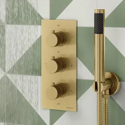 Arezzo Fluted Brushed Brass Round Thermostatic Shower Pack With Head + Handset -Bathroom Extractor Fans Sales azfr2bbpk d4
