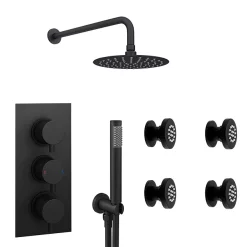 Arezzo Matt Black Round Concealed Triple Shower Valve With Diverter, Handset, Fixed Shower Head + 4 Body Jets