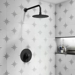 Arezzo Matt Black Round Concealed Dual Thermostatic Valve W. 200mm Shower Head -Bathroom Extractor Fans Sales azsv4mbpkl