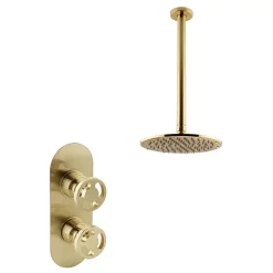 Arezzo Brushed Brass Industrial Style Shower System With Concealed Valve + Ceiling Mounted Head