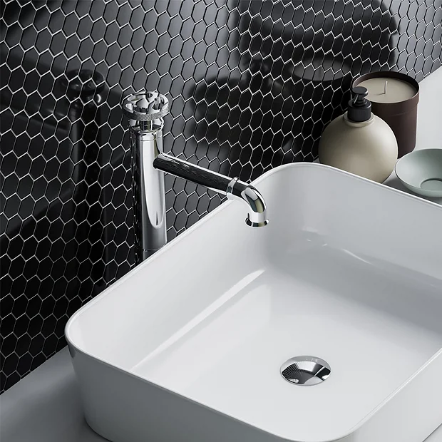 Victorian Plumbing Otsu Hexagon Mosaic Tile Sheet Gloss Black - 300 X 260mm 4 Victorian Plumbing Otsu Hexagon Mosaic Tile Sheet Gloss Black - 300 X 260mm - Image 2