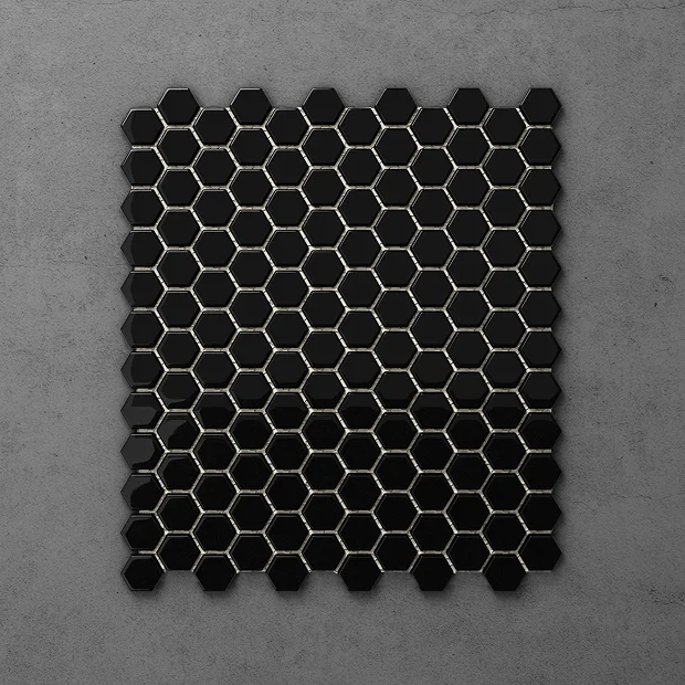 Victorian Plumbing Otsu Hexagon Mosaic Tile Sheet Gloss Black - 300 X 260mm 3 Victorian Plumbing Otsu Hexagon Mosaic Tile Sheet Gloss Black - 300 X 260mm