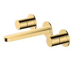 RAK Ceramic RAK Petit Round Wall Mounted 3 Hole Basin Mixer - Brushed Gold